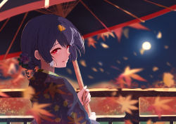 Rule 34 | 1girl, absurdres, autumn leaves, black hair, blurry, blurry background, blurry foreground, floral print, flower, from behind, hair bun, hair flower, hair ornament, highres, idolmaster, idolmaster shiny colors, japanese clothes, kimono, leaf, looking at viewer, looking back, maple leaf, morino rinze, night, night sky, oil-paper umbrella, print kimono, railing, red eyes, short hair, single hair bun, sky, solo, umbrella, yamato cogane