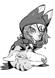 Rule 34 | 1girl, :&lt;, absurdres, anus, ass, bad id, bad twitter id, bottomless, cat girl, cat tail, female focus, forehead protector, furry, furry female, greyscale, halftone, highres, hood, hood up, looking at viewer, lying, monochrome, monster hunter (series), monster hunter stories 2, on side, presenting, pussy, pussy juice, solo, spread pussy, tail, tory (tory29), tsukino (monster hunter), uncensored, whiskers