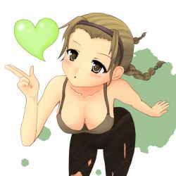 Rule 34 | 1girl, bare shoulders, blush, braid, breasts, brown eyes, brown hair, cleavage, downblouse, female focus, hairband, heart, large breasts, leaning forward, left 4 dead, open mouth, solo, spitter (left4dead), twin braids, white background
