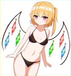 Rule 34 | 1girl, arms at sides, bare shoulders, bikini, black bikini, blonde hair, blush, breasts, bright pupils, chromatic aberration, closed mouth, collarbone, cowboy shot, crystal, dutch angle, facing viewer, flandre scarlet, furrowed brow, highres, kiui (dagk8254), medium breasts, navel, one side up, red eyes, short hair, simple background, smile, solo, standing, sweatdrop, swimsuit, touhou, white background, wings