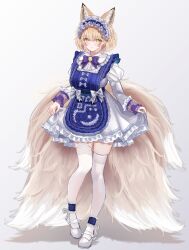 Rule 34 | 1girl, adapted costume, alternate costume, animal ears, apron, blonde hair, blue apron, blush, bow, breasts, closed mouth, dress, enmaided, fox ears, fox tail, frilled dress, frills, full body, highres, large breasts, long sleeves, looking at viewer, maid, maid apron, maid headdress, multiple tails, purple bow, sarasadou dan, shoes, short hair, simple background, solo, tail, thighhighs, touhou, white background, white bow, white dress, white footwear, white thighhighs, yakumo ran, yellow eyes, yellow tail