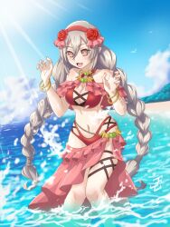 Rule 34 | 1girl, :d, bangle, beach, bikini, bracelet, braid, breasts, cleavage, day, feet out of frame, flower, grey hair, hair flower, hair ornament, hairband, heart, heart-shaped pupils, highres, jewelry, joestine22, knees together feet apart, large breasts, long hair, ludmila (rune factory), navel, open mouth, outdoors, pointy ears, purple eyes, red bikini, red hairband, rune factory, rune factory 5, smile, solo, sun, swimsuit, symbol-shaped pupils, twin braids, very long hair, water