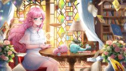 Rule 34 | 1girl, absurdres, blue eyes, blush, book, bookshelf, breasts, card, closed mouth, commentary, commission, crescent, dress, english commentary, flower, highres, korean text, lamp, long hair, menna (0012), open book, original, pink flower, pink hair, pink rose, rose, see-through, sitting, small breasts, smile, solo, table, translation request, treasure chest, twitter username, vase, very long hair, white dress, white flower, window