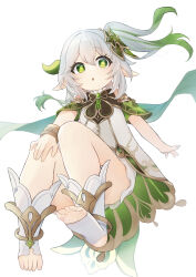 1girl :o absurdres bloomers blush bracelet cape commentary cross-shaped_pupils detached_sleeves dress feet full_body genshin_impact gold_trim gradient_hair green_cape green_eyes green_hair green_sleeves hair_between_eyes hair_ornament half_crown_braid highres iroha_(mimi0618xx) jewelry leaf_hair_ornament long_hair looking_at_viewer multicolored_hair nahida_(genshin_impact) open_mouth pointy_ears side_ponytail sidelocks soles solo stirrup_footwear stirrup_legwear symbol-shaped_pupils toeless_footwear toeless_legwear toes underwear white_background white_bloomers white_dress white_hair