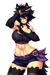 Rule 34 | 1girl, abs, animal ears, belt, black hair, blocking, breasts, crescentia fortuna, deathblight, deathblight rpg, fighting stance, fingerless gloves, fingernails, game cg, gloves, hair ornament, large breasts, lips, lipstick, long fingernails, looking at viewer, lowres, makeup, midriff, minori (deathblight), nail polish, navel, purple eyes, ribbon, short hair, short shorts, shorts, solo, standing, tail, tank top, thighhighs, wolf girl