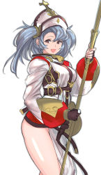 Rule 34 | 10s, 1girl, bare legs, belt, blue hair, brown eyes, granblue fantasy, hat, highres, jewelry, pelvic curtain, ring, simple background, sophia (granblue fantasy), staff, tetsu (kimuchi), too many, too many belts, twintails