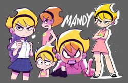 Rule 34 | 1girl, absurdres, angry, backpack, bag, black eyes, black footwear, black hairband, blonde hair, blue skirt, character name, clenched teeth, closed mouth, clothes grab, collared shirt, crossed arms, dress, drop shadow, frown, grey background, hairband, highres, looking at viewer, mandy (grim adventures), multiple views, open mouth, pink dress, pointing, pointing at viewer, raised eyebrows, rariatto (ganguri), shaded face, shirt, shoes, short hair, skirt, socks, teeth, the grim adventures of billy &amp; mandy, white legwear, white shirt, wide-eyed, wing collar