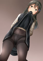 Rule 34 | 1girl, black hair, black pantyhose, black skirt, black vest, clothes lift, feet out of frame, gradient background, hair between eyes, hair over one eye, highres, kamelie, kantai collection, lifting own clothes, long hair, long sleeves, mouth hold, oyashio (kancolle), panties, panties under pantyhose, pantyhose, shirt, skirt, skirt lift, solo, underwear, vest, white shirt, yellow eyes