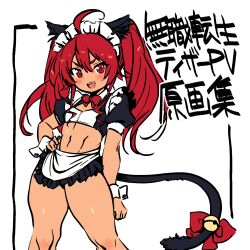 Rule 34 | 1girl, absurdres, ahoge, animal ears, apron, bell, blush, bow, cat ears, cat tail, commentary request, crop top, eris greyrat, flat chest, fujii shingo, highres, long hair, looking at viewer, maid headdress, miniskirt, mushoku tensei, navel, open mouth, red eyes, red hair, skirt, smile, solo, tail, tail bell, tail bow, tail ornament, toned, twintails, white apron, wrist cuffs