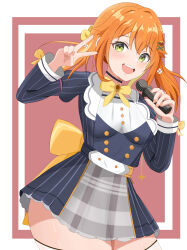Rule 34 | absurdres, annrichan, bow, bowtie, breasts, dog hair ornament, green eyes, hair ornament, hairclip, hanamaru hareru, hanayori jyoshiryou, highres, holding, holding microphone, long sleeves, microphone, orange hair, orange nails, simple background, skirt, small breasts, thighhighs, twintails, v, virtual youtuber, white thighhighs, yellow bow, yellow bowtie