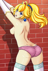 Rule 34 | 1girl, :d, against wall, alternate hairstyle, arched back, arms up, ass, back, blonde hair, blue eyes, blush, breasts, crown, earrings, elbow gloves, female focus, from behind, gloves, highres, jewelry, leaning forward, long hair, looking at viewer, looking back, mario (series), nintendo, nipples, open mouth, panties, pink panties, ponytail, princess peach, seraphina, shadow, skindentation, smile, solo, standing, super mario bros. 1, sweat, tears, thighhighs, topless, underwear, underwear only, white thighhighs