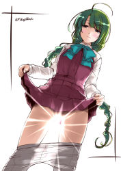 Rule 34 | 10s, 1girl, blue bow, blue bowtie, blue eyes, blush, bow, bowtie, braid, clothes lift, clothes pull, dress, dress lift, green hair, kantai collection, lifting own clothes, light rays, long hair, long sleeves, mikage takashi, mole, mole under mouth, pantyhose, pantyhose pull, pink dress, shirt, single braid, sleeveless, sleeveless dress, solo, sunbeam, sunlight, very long hair, white shirt, yuugumo (kancolle)