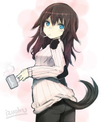 Rule 34 | 1girl, blue eyes, brown hair, cigarette, cup, dog tail, elizabeth f. beurling, gradient background, highres, izuoku, long hair, looking at viewer, panties, panties under pantyhose, pantyhose, smoking, solo, strike witches, strike witches: suomus misfits squadron, tail, underwear, world witches series