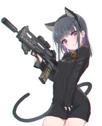 Rule 34 | 1girl, absurdres, animal ears, assault rifle, bell, black hair, black sweater, bullpup, cat ears, cat tail, chromatic aberration, commentary request, earrings, fake animal ears, gun, highres, holding, holding gun, holding weapon, jewelry, jingle bell, long hair, looking at viewer, military, necklace, oota youjo, original, parted lips, pink eyes, rifle, scope, sleeves past wrists, solo, stud earrings, suppressor, sweater, tail, trigger discipline, turtleneck, turtleneck sweater, vhs-d2, weapon, white background