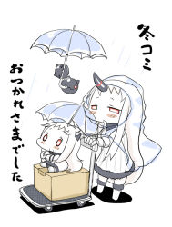 Rule 34 | &gt; &lt;, 10s, 2girls, :&lt;, abyssal ship, ahoge, baku taso, blush stickers, box, cardboard box, cart, chibi, claws, closed eyes, colored skin, dress, fur trim, height difference, holding, holding umbrella, horns, kantai collection, long hair, mittens, multiple girls, northern ocean princess, on box, pushing, rain, raincoat, red eyes, seaport princess, simple background, single horn, sitting, sitting on box, smile, standing, translation request, umbrella, white background, white dress, white hair, white skin