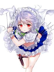 Rule 34 | 1girl, ahoge, apron, between fingers, blue skirt, blue vest, braid, commentary request, crossed arms, expressionless, foot out of frame, glint, holding, holding knife, holster, izayoi sakuya, knife, knife sheath, knife sheath, leaning forward, looking at viewer, maid headdress, petticoat, puffy short sleeves, puffy sleeves, red eyes, sakizaki saki-p, sheath, shirt, short hair, short sleeves, silver hair, simple background, skirt, solo, standing, standing on one leg, thigh holster, thigh strap, touhou, twin braids, twitter username, vest, waist apron, white background, white shirt, wrist cuffs
