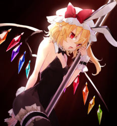 Rule 34 | 1girl, animal ears, banknote, black background, black bow, black bowtie, bow, bowtie, breasts, crystal, detached collar, flandre scarlet, hat, hat bow, honotai, leg strap, leotard, looking at viewer, medium hair, mob cap, money, one side up, open mouth, playboy bunny, pointy ears, pole, rabbit ears, rabbit tail, red bow, red eyes, simple background, small breasts, smile, solo, tail, thigh strap, touhou, tucked money, white hat, wings, wrist cuffs