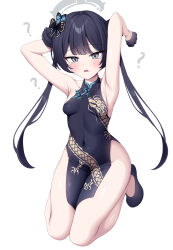 Rule 34 | 1girl, ?, absurdres, armpits, arms behind head, black gloves, black hair, blue archive, blush, breasts, china dress, chinese clothes, covered navel, double bun, dragon print, dress, gloves, grey eyes, hair bun, hair ornament, halo, highres, kisaki (blue archive), long hair, looking at viewer, metaljelly, open mouth, simple background, small breasts, solo, sweat, tears, twintails, white background