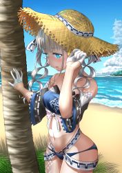 Rule 34 | 1girl, absurdres, ainu clothes, aquaplus, ass, beach, blue eyes, blue sky, blush, breasts, cloud, curly hair, curvy, gloves, grass, hair ribbon, hat, highres, long hair, looking at viewer, midriff, mzd9ha, natoriitori, navel, open mouth, outdoors, ribbon, robot, robot ears, robot girl, sky, small breasts, straw hat, swimsuit, thighs, tree, twintails, utawarerumono, utawarerumono: lost flag, water, white gloves, white hair