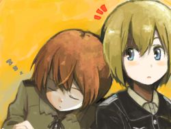 2girls blonde_hair blue_eyes brown_hair closed_eyes erica_hartmann gertrud_barkhorn itsuki_kuro military military_uniform multiple_girls short_hair sleeping strike_witches world_witches_series yuri