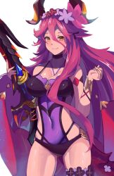 Rule 34 | 1girl, bracelet, breasts, cleavage, covered navel, cowboy shot, dragalia lost, dragon tail, fang, flower, hair between eyes, hair flower, hair ornament, highres, holding, holding weapon, horns, jewelry, large breasts, long bangs, long hair, looking at viewer, mym (dragalia lost), official alternate costume, one-piece swimsuit, orange eyes, potato jetro, red hair, skin fang, smile, solo, swimsuit, tail, very long hair, weapon, white background