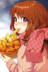 Rule 34 | 1girl, :t, blush, brown hair, checkered clothes, checkered scarf, chicken (food), closed mouth, eating, food, food in mouth, full-face blush, hair between eyes, highres, kawai makoto, koufuku graffiti, long hair, long sleeves, looking at viewer, machiko ryou, nose blush, pink scarf, pink sweater, purple eyes, scarf, solo, straight hair, sweater, translated