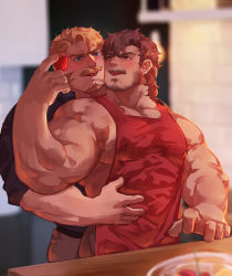 Rule 34 | 2boys, :p, absurdres, apron, bara, beard, behind another, blush, brown pants, cheek-to-cheek, couple, covered abs, earrings, facial hair, food, fruit, guoguo, hand on another&#039;s stomach, heads together, highres, holding, holding food, holding fruit, husband and husband, indoors, jewelry, large pectorals, male focus, mature male, multiple boys, muscular, muscular male, mustache, naked apron, original, pants, pectoral cleavage, pectorals, red apron, short hair, sidepec, sleeves rolled up, strawberry, tongue, tongue out, yaoi