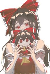 Rule 34 | 1girl, afterimage, bare shoulders, bow, brown hair, covered mouth, detached sleeves, doll, frilled bow, frilled hair tubes, frills, fumo (doll), hair bow, hair tubes, hakurei reimu, hands up, highres, holding, holding doll, jitome, kotowaza, long hair, looking at viewer, motion lines, red bow, red eyes, red shirt, ribbon-trimmed sleeves, ribbon trim, shirt, simple background, sleeveless, sleeveless shirt, solo, touhou, upper body, waving, white background, white sleeves