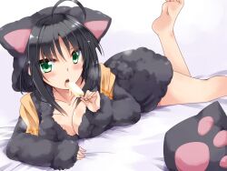 Rule 34 | 1girl, ahoge, animal ear hood, animal ears, arm support, barefoot, bed sheet, black dress, black hair, blunt ends, blush, breasts, cat ears, cleavage, collarbone, commentary request, cushion, dress, eating, eyelashes, eyes visible through hair, fake animal ears, food, foot out of frame, fur-trimmed dress, fur-trimmed hood, fur-trimmed sleeves, fur trim, green eyes, hair between eyes, hand up, hemogurobin a1c, hitachi mako, holding, holding food, holding popsicle, hood, hood up, hooded dress, ice cream, large breasts, leg up, long sleeves, looking at viewer, lying, melting, no bra, on stomach, open mouth, popsicle, senren banka, short dress, short hair with long locks, simple background, soles, solo, sparkle, teeth, the pose, upper teeth only, wet, wet hair, white background