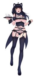 Rule 34 | 1girl, absurdres, animal ears, bare shoulders, black hair, black panties, black thighhighs, bondage outfit, breasts, cat ears, corset, detached collar, fang, full body, garter belt, garter straps, gluteal fold, highres, huge breasts, long hair, looking at viewer, meme attire, navel, open mouth, panties, rekaerb maerd, see-through, simple background, solo, standing, thighhighs, underboob, underwear, white background, yellow eyes