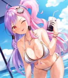Rule 34 | 1girl, ;p, ahoge, beach, beach umbrella, bikini, blue sky, bracelet, breasts, bubble tea, cleavage, closed mouth, collarbone, cowboy shot, cup, day, front-tie bikini top, front-tie top, hair ornament, halterneck, highres, holding, holding cup, indie virtual youtuber, jewelry, looking at viewer, lunacle, mayoi (vtuber), mole, mole on breast, multicolored hair, navel, necklace, o-ring, o-ring bikini, ocean, one eye closed, outdoors, pink hair, ponytail, purple hair, red eyes, sand, sidelocks, sky, solo, string bikini, swimsuit, tongue, tongue out, two-tone hair, umbrella, virtual youtuber, water, wet, wet clothes, wet swimsuit