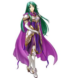 Rule 34 | 1girl, armor, boots, breastplate, brooch, cape, cecilia (fire emblem), elbow gloves, fire emblem, fire emblem: the binding blade, fire emblem heroes, full body, gloves, green eyes, green hair, highres, jewelry, kita senri, knee boots, light smile, lips, long hair, nintendo, official art, pantyhose, purple cape, shoulder pads, sidelocks, solo, transparent background, white armor, white footwear, white gloves