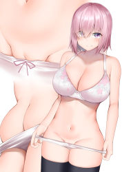 Rule 34 | 1girl, alternate costume, ass, bad id, bad pixiv id, bare arms, bare shoulders, black thighhighs, blush, bra, breasts, cleavage, cleft of venus, closed mouth, collarbone, commentary request, eyes visible through hair, fate/grand order, fate (series), groin, hair over one eye, highres, kitajima yuuki, large breasts, light purple hair, looking at viewer, mash kyrielight, mtu virus, multiple views, navel, panties, panty pull, pink eyes, pink hair, pulling own clothes, purple eyes, pussy, short hair, simple background, smile, stomach, thighhighs, underwear, white background, white bra, white panties