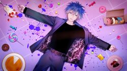 Rule 34 | 1boy, belt, black shirt, blue eyes, blue hair, blue nails, brown belt, cake, cake slice, candy, chocolate cake, cowboy shot, cuff links, doughnut, food, from above, fruit, gradient hair, hair between eyes, hakuseki, jacket, kaito (vocaloid), lapels, lollipop, long sleeves, lying, male focus, multicolored hair, notched lapels, o-ring, o-ring belt, off shoulder, official art, on back, open clothes, open jacket, outstretched arms, paint splatter, pants, parfait, parted lips, pastry box, patterned clothing, plate, purple jacket, purple pants, shirt, short hair, spill, spread arms, straight-on, strawberry, swirl lollipop, tile floor, tiles, two-sided fabric, two-sided jacket, vocaloid, wrapped candy