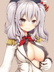 Rule 34 | 10s, 1girl, asamura hiori, ascot, blush, breasts, cleavage, covered erect nipples, epaulettes, female focus, frilled sleeves, frills, gloves, green background, grey eyes, grey hair, hat, highres, impossible clothes, kantai collection, kashima (kancolle), large breasts, light smile, long hair, looking at viewer, military, military uniform, open clothes, open shirt, shirt, sidelocks, smile, solo, tsurime, twintails, uniform, white gloves