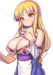 Rule 34 | 1girl, arc the lad, areola slip, assisted exposure, bare shoulders, blonde hair, braid, breasts, brown eyes, cleavage, clothes pull, collarbone, dress, dress pull, large breasts, lieza (arc the lad), long hair, nagase haruhito, out of frame, red eyes, simple background, solo focus, very long hair, white background