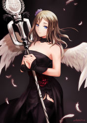 Rule 34 | 1girl, artist name, bare shoulders, black background, black dress, black thighhighs, blue eyes, breasts, brown hair, chiean, cleavage, closed mouth, dated, dragon nest, dress, elestra, feathered wings, feathers, female focus, flower, garter straps, hair between eyes, hair flower, hair ornament, holding, holding staff, light smile, lips, long hair, looking at viewer, medium breasts, own hands together, smile, solo, staff, standing, strapless, strapless dress, thighhighs, white feathers, white wings, wings