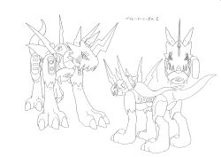 Rule 34 | 00s, 1boy, absurdres, armor, character sheet, claws, digimon, digimon (creature), digimon adventure 02, dragon, dragon tail, fangs, full body, highres, horns, monochrome, multiple views, official art, pectorals, raidramon, scan, serious, sharp teeth, simple background, single horn, solo, tail, teeth, translation request