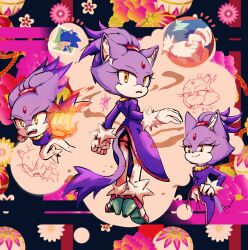 Rule 34 | 1girl, blaze the cat, cat girl, cat tail, fire, forehead jewel, furry, furry female, gloves, gold necklace, hand on own hip, high heels, highres, holding hands, jacket, jewelry, looking back, necklace, pants, pink footwear, ponytail, purple fur, purple jacket, rfts10919, smirk, sonic (series), sonic the hedgehog, tail, white pants, yellow eyes