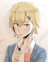 Rule 34 | 1girl, blonde hair, blush, bow, earclip, earrings, green eyes, hair ornament, hairclip, hands up, heckmeck, highres, houkago saikoro club, jewelry, kurosaki nao, looking at viewer, ogasawaragame, pink bow, school uniform, short hair, simple background, solo, upper body