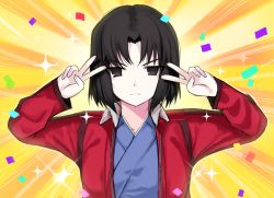 Rule 34 | 1girl, black eyes, black hair, blue kimono, breasts, closed mouth, confetti, double v, emotional engine - full drive, fate/grand order, fate (series), hands up, jacket, japanese clothes, kara no kyoukai, kimono, long sleeves, looking at viewer, ompf, orange background, parody, parted bangs, red jacket, ryougi shiki, short hair, small breasts, solo, sparkle, sunburst, sunburst background, v