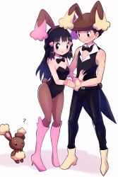 Rule 34 | 1girl, absurdres, animal ears, black bow, black bowtie, black eyes, black hair, black leotard, black pants, black vest, blush, boots, bow, bowtie, breasts, brown hairband, brown headwear, brown pantyhose, buneary, cleavage, closed mouth, creatures (company), dawn (pokemon), detached collar, fake animal ears, fake tail, full body, game freak, gen 4 pokemon, hair ornament, hairband, hairclip, hand on another&#039;s shoulder, hat, highres, knee boots, leotard, long hair, lucas (pokemon), nintendo, open mouth, pants, pantyhose, pink footwear, pink scrunchie, playboy bunny, pokemon, pokemon dppt, pokemon ears, rabbit tail, sawarabi (sawarabi725), scrunchie, shadow, short hair, simple background, small breasts, standing, strapless, strapless leotard, sweatdrop, tail, vest, white background, white scrunchie, wrist scrunchie