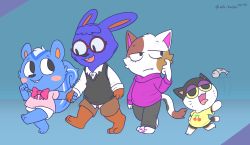 Rule 34 | animal crossing, blue background, boxyguy, doc (animal crossing), filbert (animal crossing), highres, holding hands, nintendo, punchy (animal crossing), purrl (animal crossing), scratching cheek, simple background, standing, walking