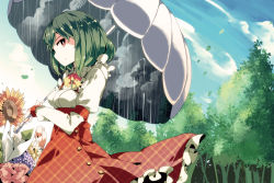 Rule 34 | 1girl, adapted costume, aoi kujira, blue sky, breasts, bright pupils, cloud, cloudy sky, day, dress, flower, forest, green hair, hydrangea, juliet sleeves, kazami yuuka, long sleeves, looking at viewer, medium breasts, nature, parasol, puffy sleeves, rain, red dress, red eyes, shirt, sky, solo, touhou, umbrella, white pupils