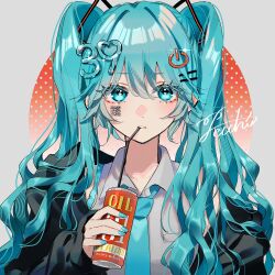Rule 34 | 1girl, 39, aqua eyes, aqua hair, aqua nails, black jacket, blue necktie, can, collared shirt, colored eyelashes, drinking straw, drinking straw in mouth, grey shirt, hair between eyes, hair ornament, hairpin, hatsune miku, highres, holding, holding can, jacket, long hair, looking at viewer, miku day, necktie, open clothes, open jacket, pecchii, polka dot, polka dot background, power symbol, qr code, shirt, signature, sleeveless, sleeveless shirt, solo, twintails, very long hair, vocaloid