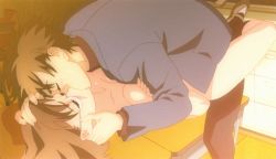 Rule 34 | 0verflow, 1boy, 1girl, animated, animated gif, brown hair, classroom, closed eyes, clothed male nude female, clothed sex, desk, glasses, hetero, kiss, leg lock, miss each other, nude, school, sex, socks, straddling