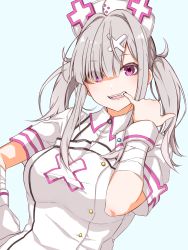 Rule 34 | 1girl, bandaged arm, bandages, blue background, breasts, collared shirt, cross, eyelashes, eyes visible through hair, fangs, finger in own mouth, finger to mouth, hair between eyes, hair ornament, hair over one eye, hand on own hip, hat, highres, kokechan, large breasts, long hair, looking at viewer, mole, mole under eye, nijisanji, nurse, nurse cap, open mouth, pinky to mouth, purple eyes, shirt, short sleeves, silver hair, simple background, smile, solo, sukoya kana, twintails, upper body, virtual youtuber, white shirt, wing collar, wrist cuffs, x hair ornament
