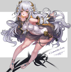 Rule 34 | + +, bent over, breasts, commission, detached sleeves, flower, gold hairband, grey hair, hair flower, hair ornament, hairband, highres, leotard, long hair, looking at viewer, medium breasts, original, see-through, see-through skirt, simple background, skeb commission, skirt, takada kazuhiro, thigh strap, yellow eyes