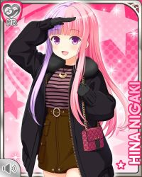 Rule 34 | 1girl, bag, black coat, black gloves, brown dress, brown sweater, character name, coat, dress, girlfriend (kari), gloves, handbag, jewelry, long hair, multicolored hair, necklace, niigaki hina, official art, open mouth, pink hair, purple eyes, purple hair, qp:flapper, smile, solo, striped clothes, striped sweater, sweater, tagme, two-tone hair, winter clothes, winter coat