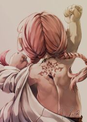 Rule 34 | 1other, absurdres, androgynous, arm up, back, back tattoo, braid, clenched hands, facing away, final fantasy, final fantasy xiv, floating hair, from behind, highres, lalafell, long hair, median furrow, mihira (tainosugatayaki), pink hair, pointy ears, signature, solo, tattoo, twin braids, upper body, warrior of light (ff14)